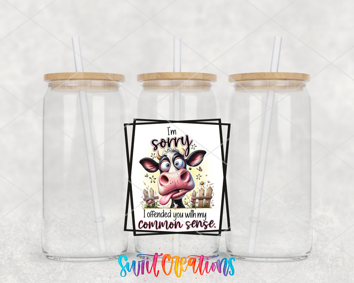 Sorry I Offended You Cow clear glass tumbler group mockup with bamboo lids and straws