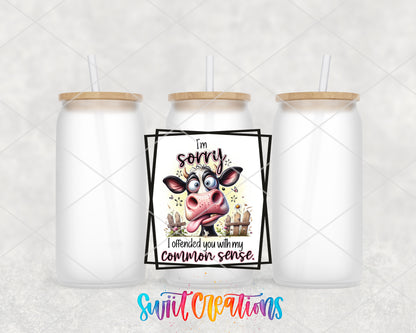 Sorry I Offended You Cow frosted glass tumbler group view with lids and straws