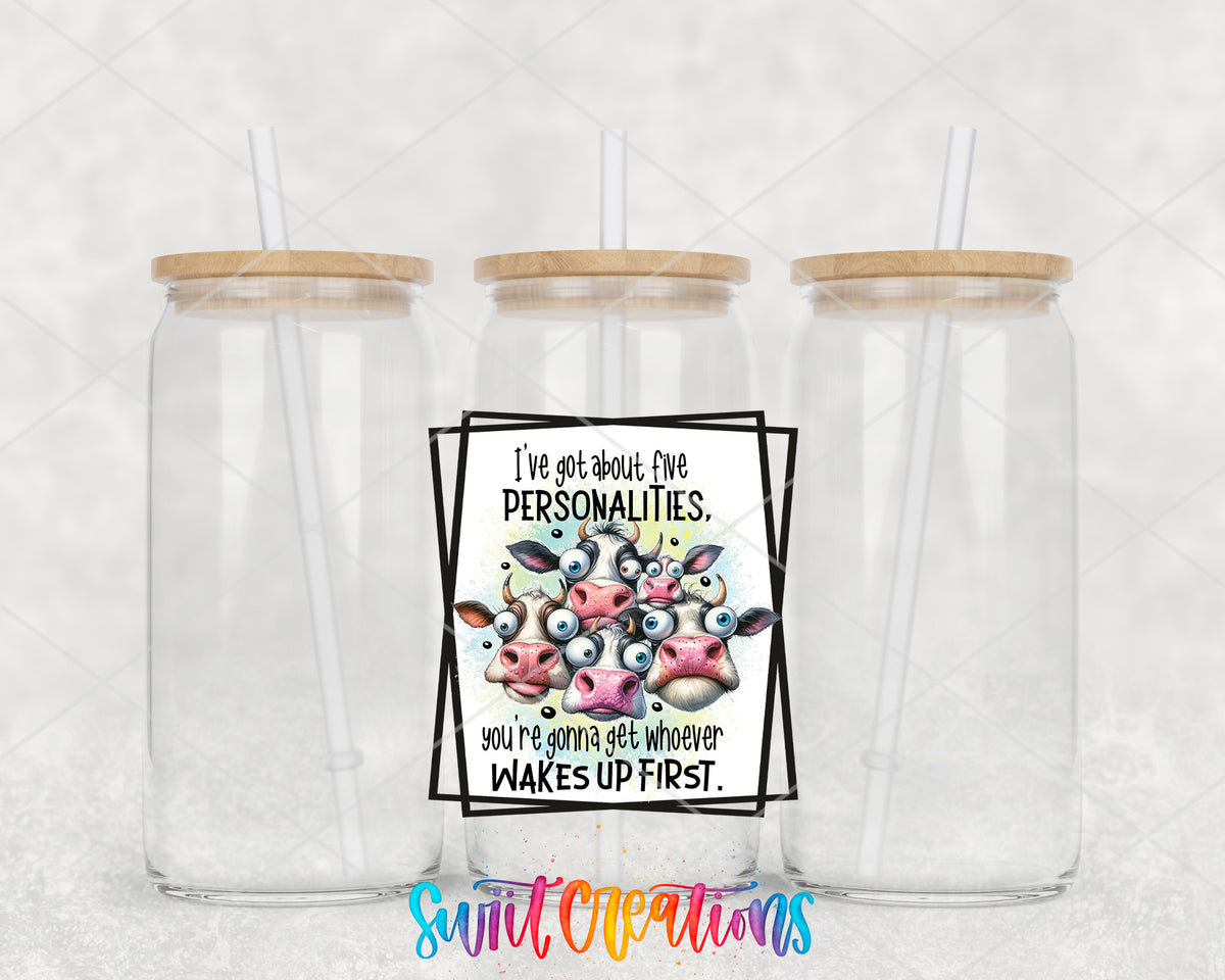 Five Personalities Cow clear glass tumbler group mockup with bamboo lids and straws
