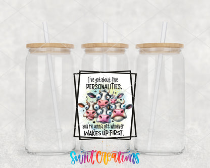 Five Personalities Cow clear glass tumbler group mockup with bamboo lids and straws
