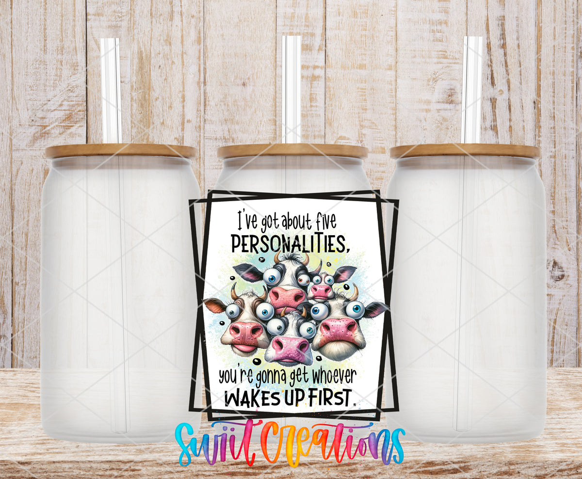 Five Personalities Cow frosted glass tumbler mockup with bamboo lids and straws