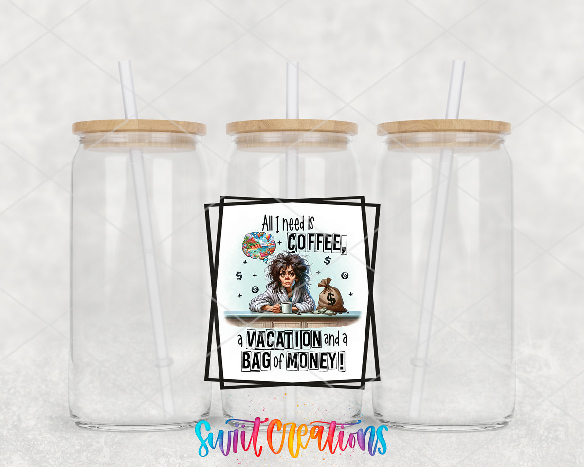 All I Need Is Coffee clear glass tumbler group mockup with bamboo lids and straws