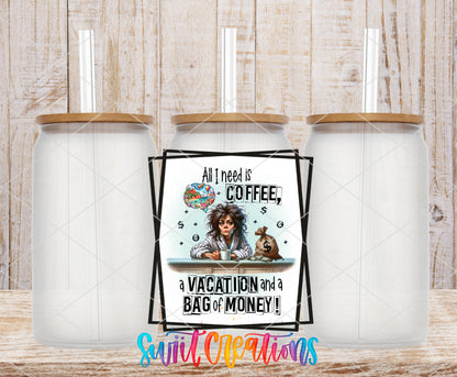 All I Need Is Coffee frosted glass tumbler mockup with bamboo lids and straws