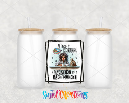 All I Need Is Coffee frosted glass tumbler group view with lids and straws