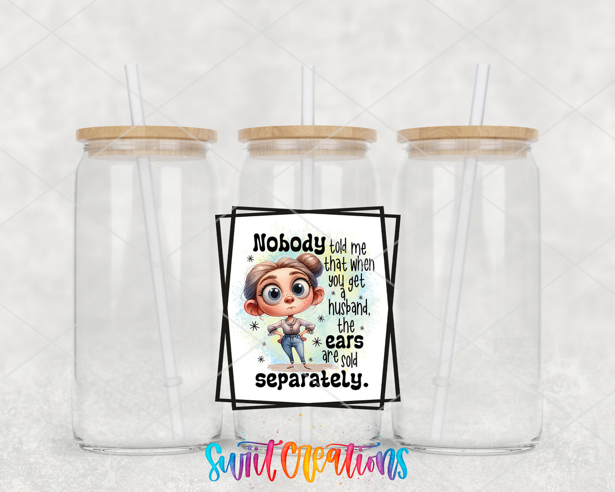 Husband Ears Sold Separately clear glass tumbler group mockup with bamboo lids and straws