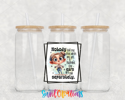 Husband Ears Sold Separately clear glass tumbler group mockup with bamboo lids and straws