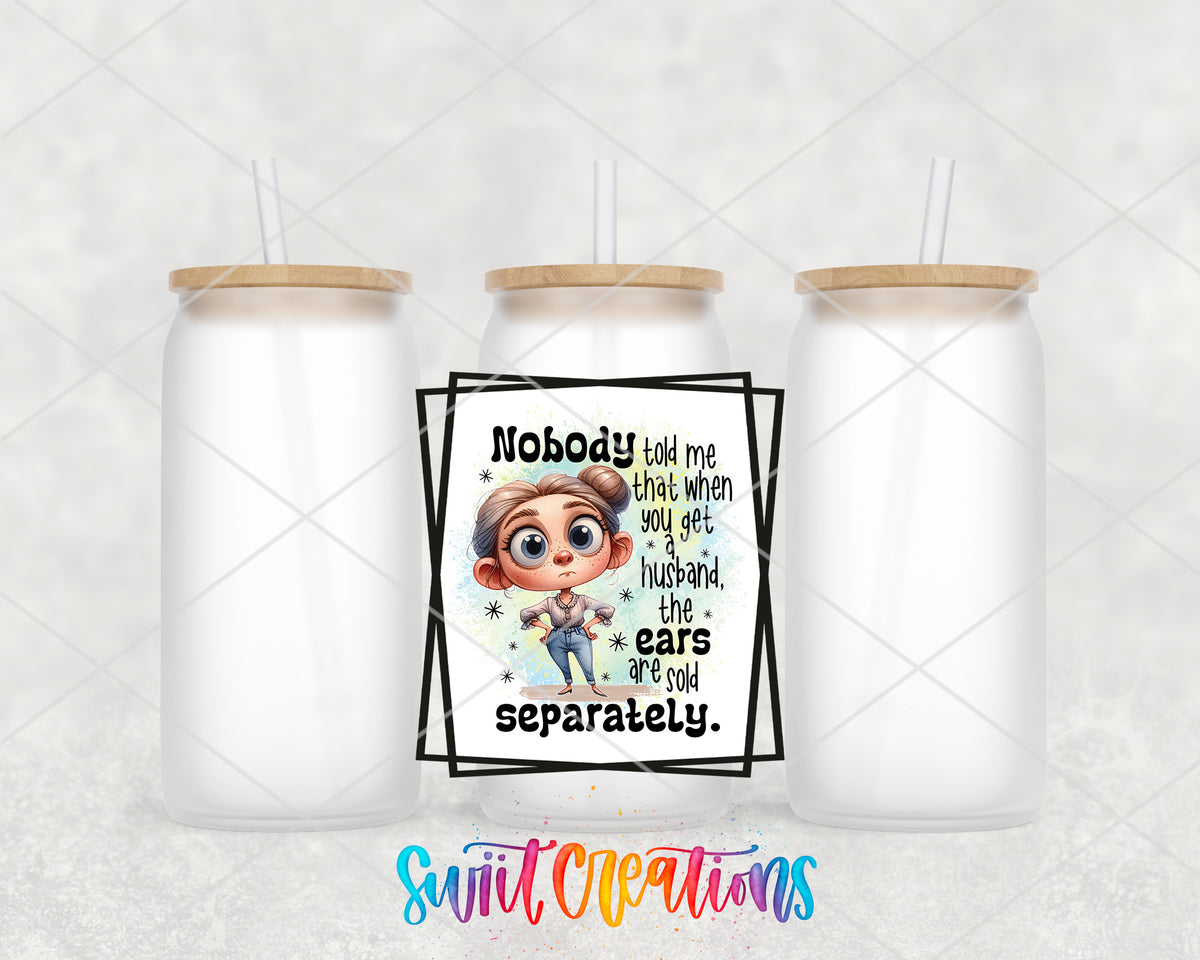 Husband Ears Sold Separately frosted glass tumbler group view with lids and straws