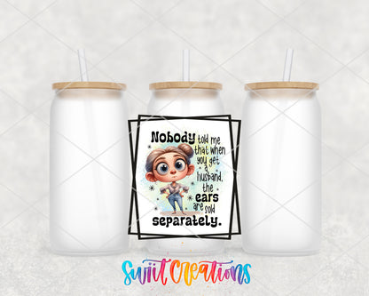 Husband Ears Sold Separately frosted glass tumbler group view with lids and straws