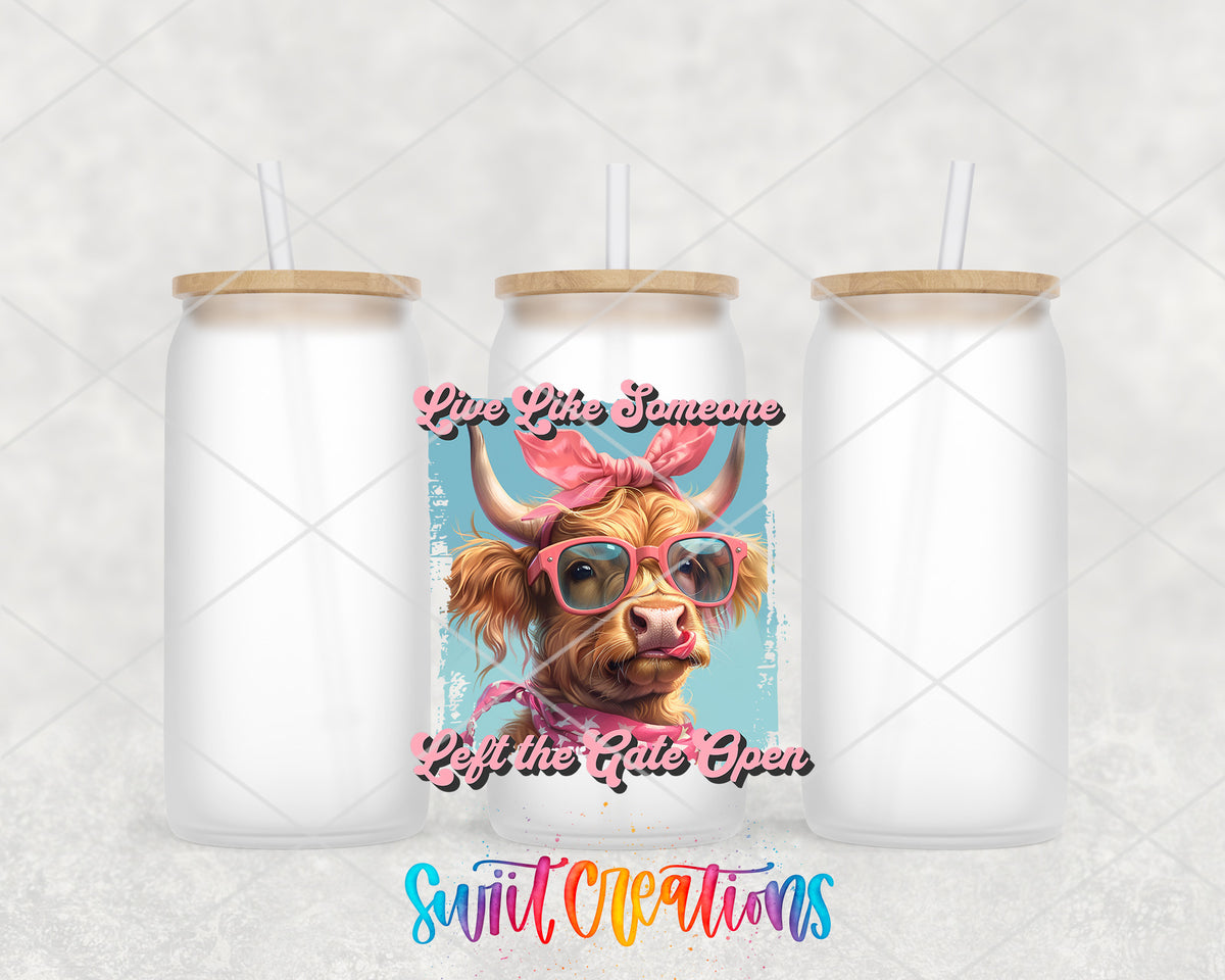 Live Like Someone Left the Gate Open frosted glass tumbler group view with lids and straws