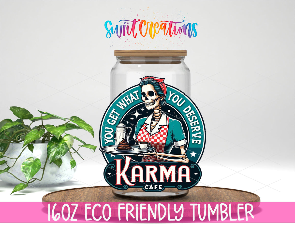 Karma Cafe design on a 16 oz clear glass tumbler with bamboo lid