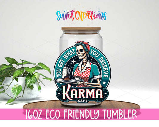 Karma Cafe design on a 16 oz clear glass tumbler with bamboo lid