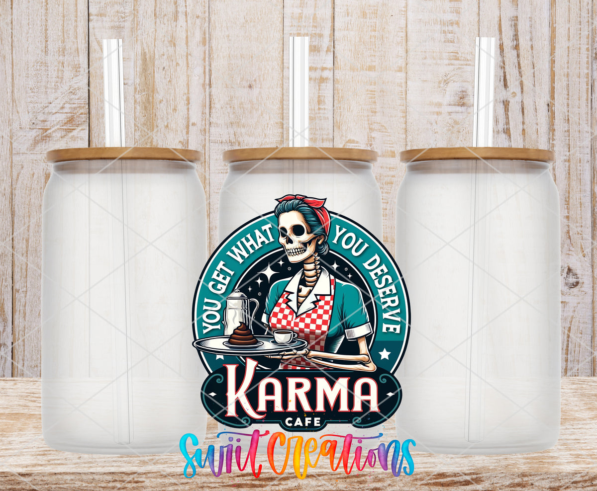 Karma Cafe frosted glass tumbler mockup with bamboo lids and straws