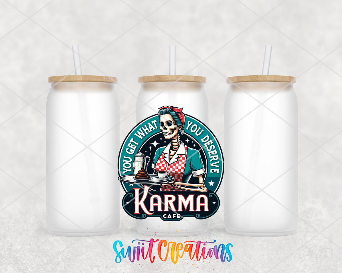 Karma Cafe frosted glass tumbler group view with lids and straws
