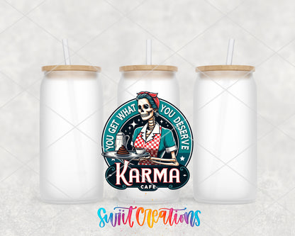 Karma Cafe frosted glass tumbler group view with lids and straws