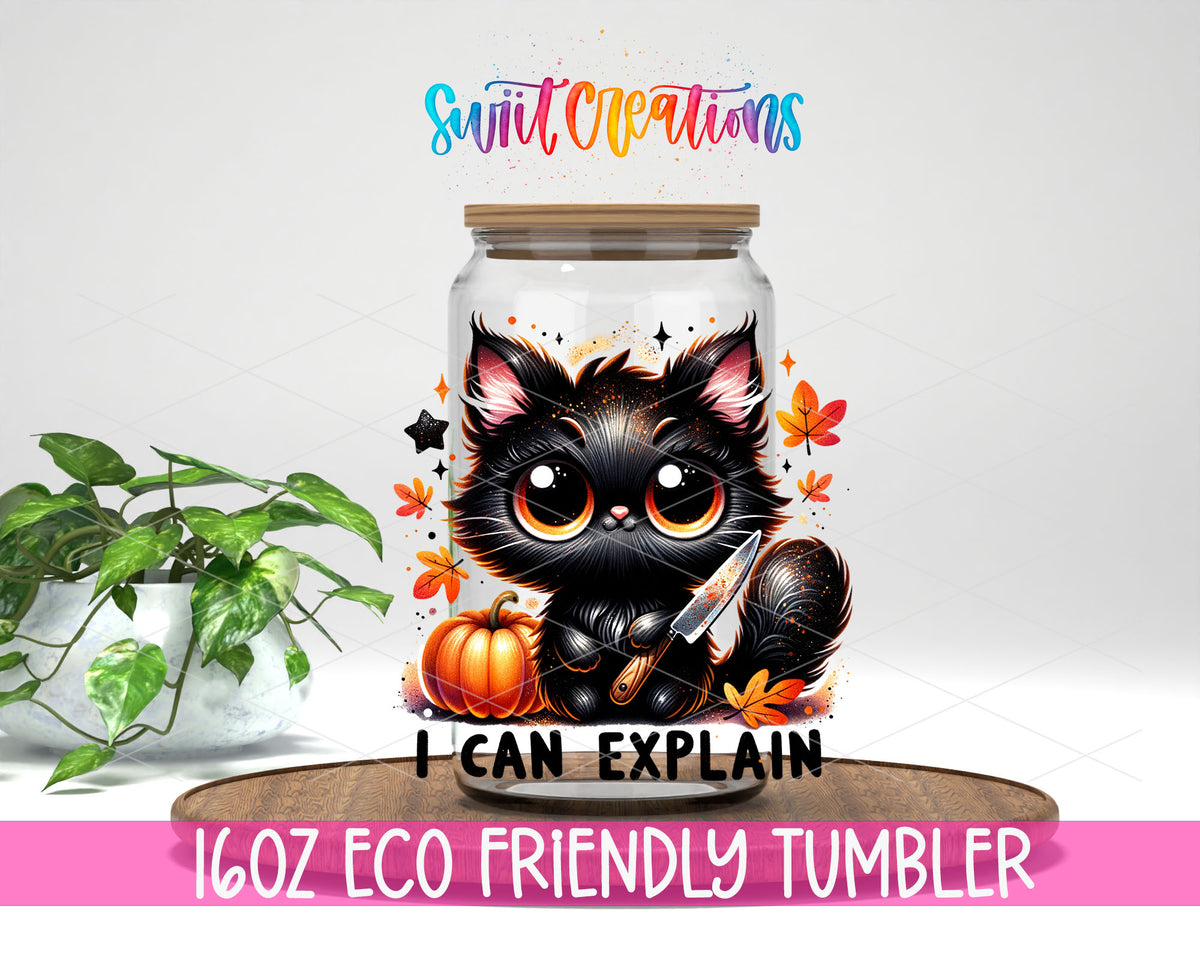 I Can Explain Black Cat design on a 16 oz clear glass tumbler with bamboo lid