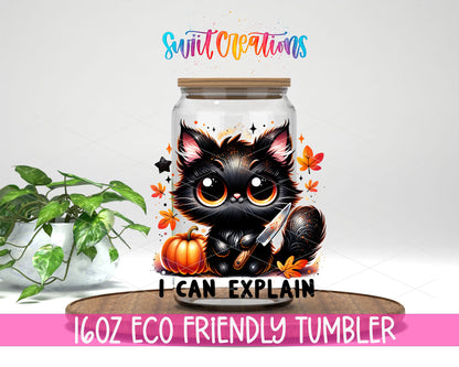 I Can Explain Black Cat design on a 16 oz clear glass tumbler with bamboo lid