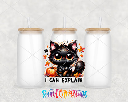 I Can Explain Black Cat frosted glass tumbler group view with lids and straws