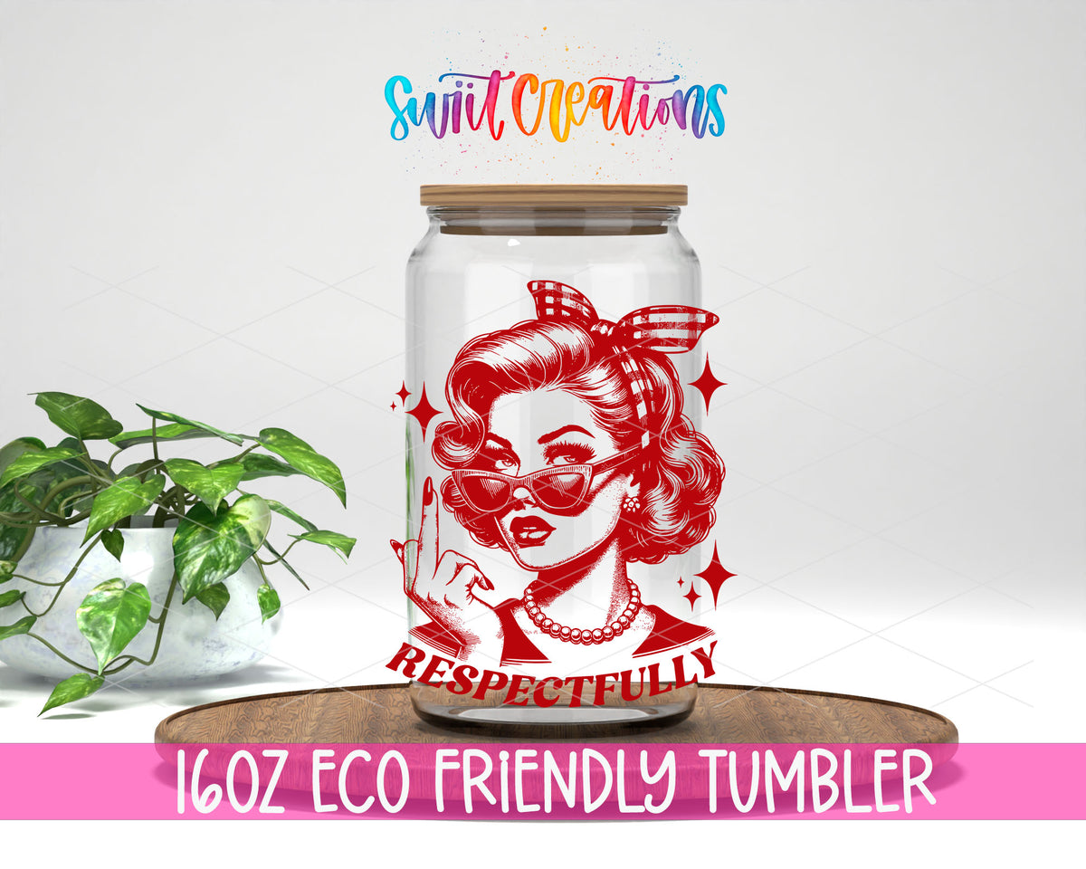 Respectfully Retro design on a 16 oz clear glass tumbler with bamboo lid
