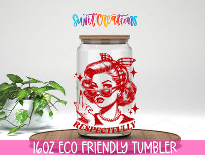 Respectfully Retro design on a 16 oz clear glass tumbler with bamboo lid