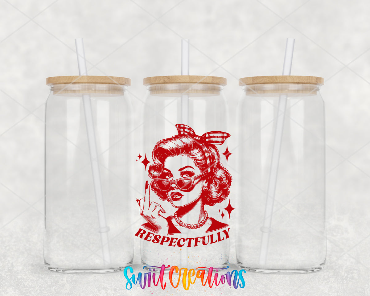 Respectfully Retro clear glass tumbler group mockup with bamboo lids and straws