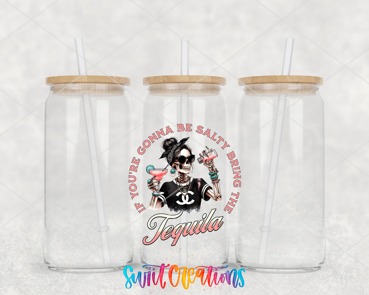 If You Are Gonna Be Salty Tequila clear glass tumbler group mockup with bamboo lids and straws
