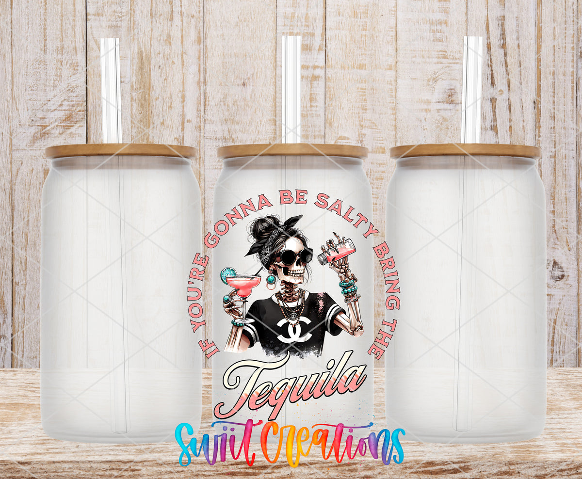 If You Are Gonna Be Salty Tequila frosted glass tumbler mockup with bamboo lids and straws