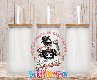 If You Are Gonna Be Salty Tequila frosted glass tumbler mockup with bamboo lids and straws
