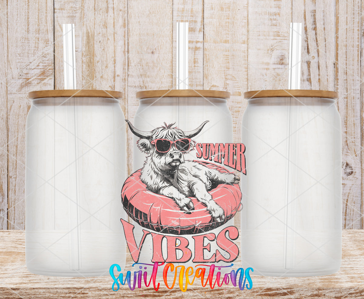 Summer Vibes Cow frosted glass tumbler mockup with bamboo lids and straws