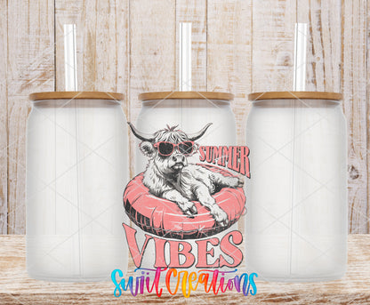 Summer Vibes Cow frosted glass tumbler mockup with bamboo lids and straws