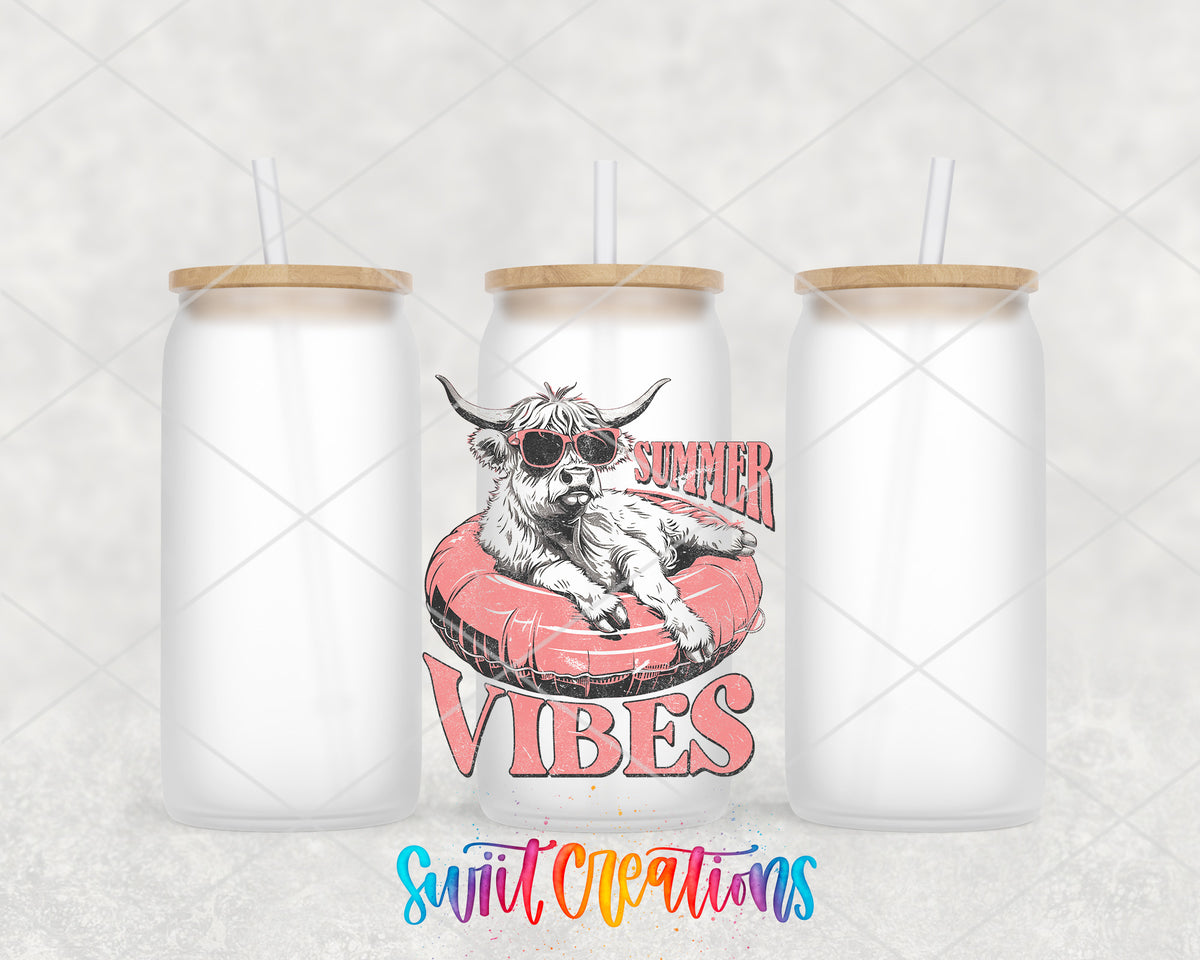 Summer Vibes Cow frosted glass tumbler group view with lids and straws