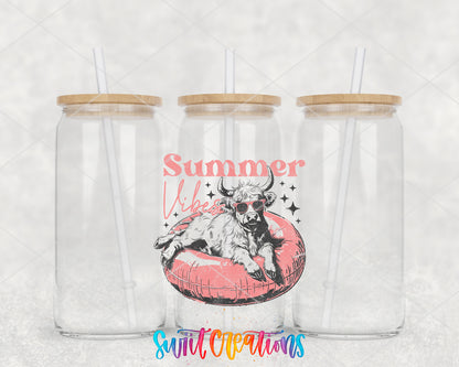 Summer Vibes Cow Pool Float clear glass tumbler group mockup with bamboo lids and straws
