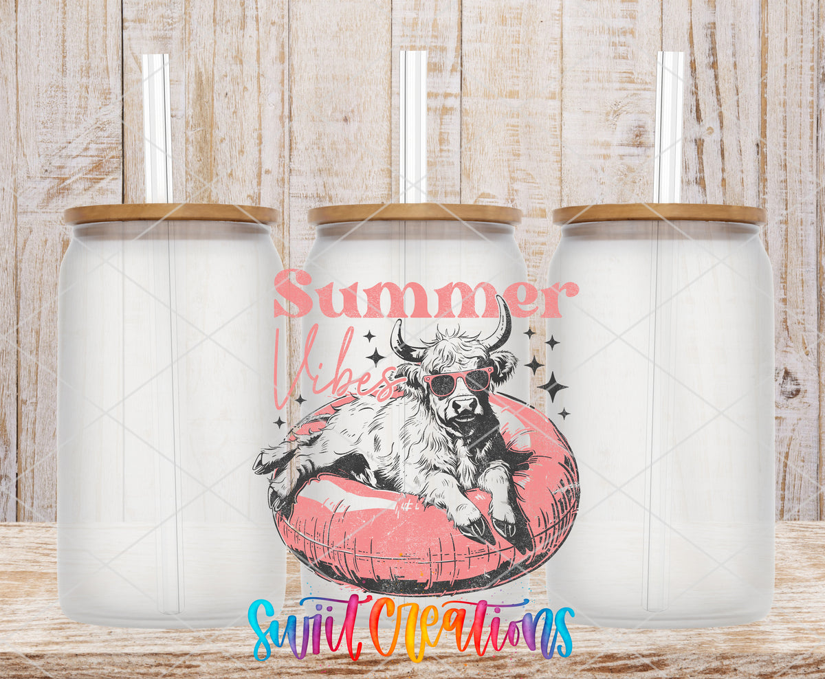Summer Vibes Cow Pool Float frosted glass tumbler mockup with bamboo lids and straws