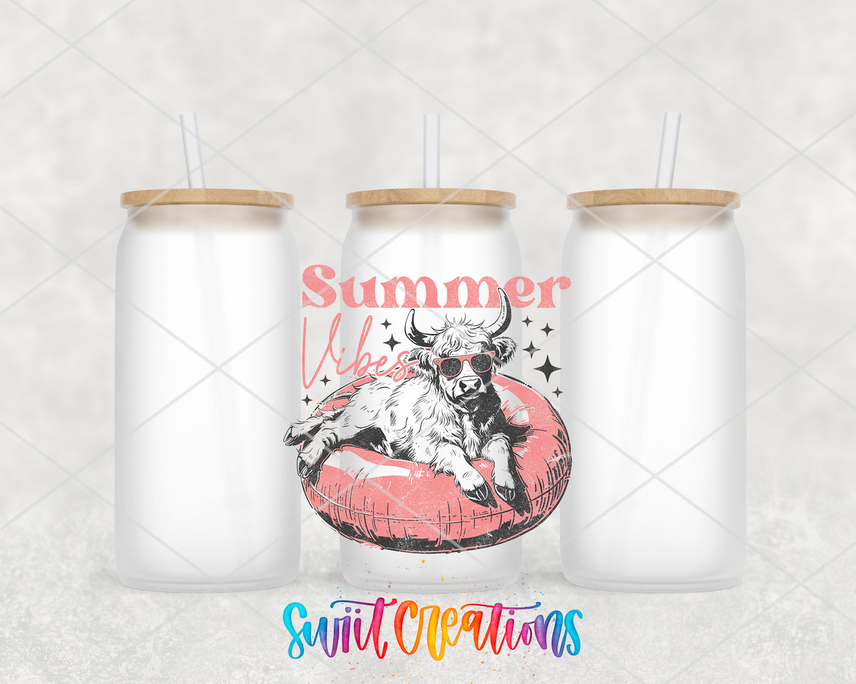 Summer Vibes Cow Pool Float frosted glass tumbler group view with lids and straws