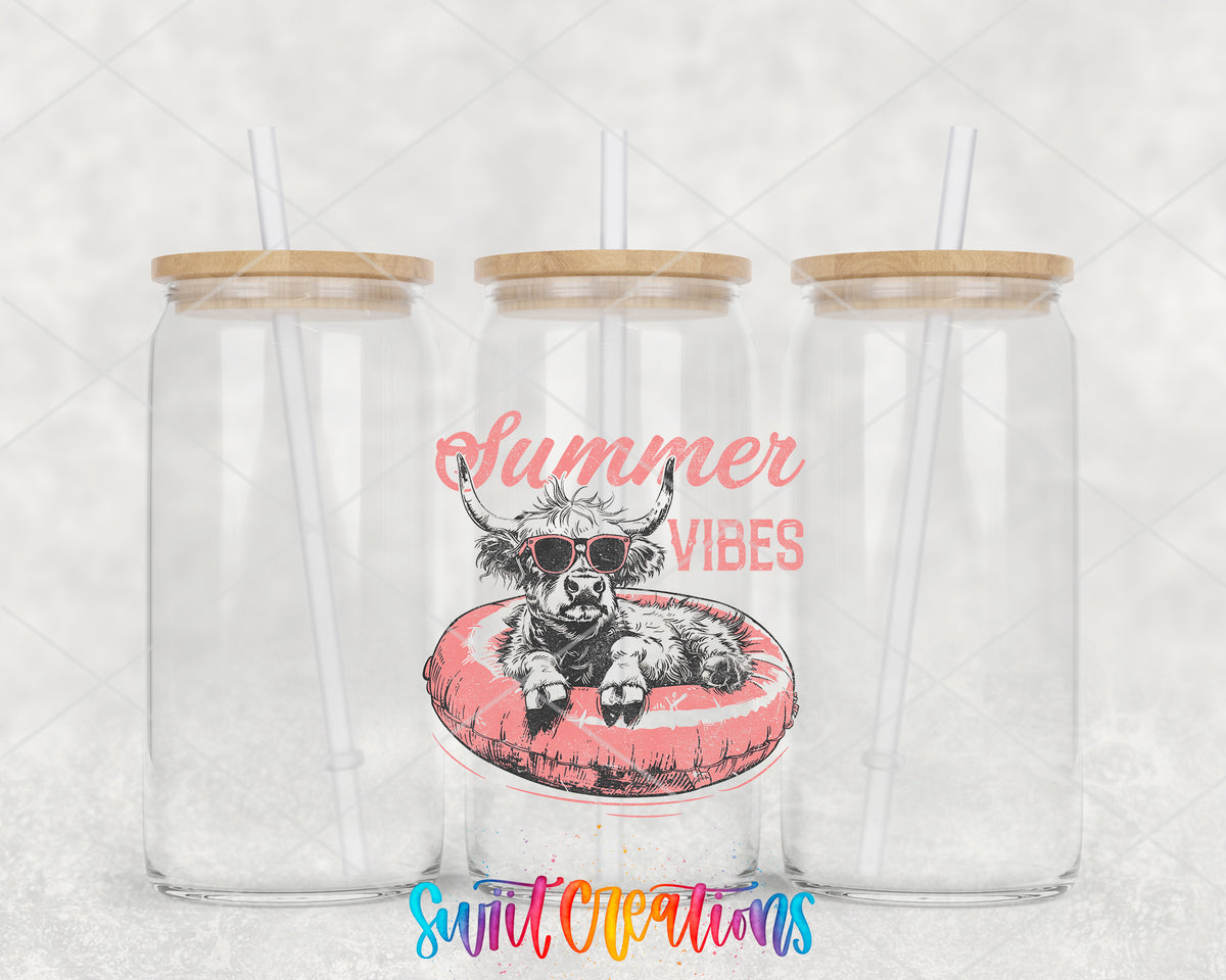 Summer Vibes Cow Retro clear glass tumbler group mockup with bamboo lids and straws