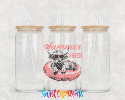 Summer Vibes Cow Retro clear glass tumbler group mockup with bamboo lids and straws