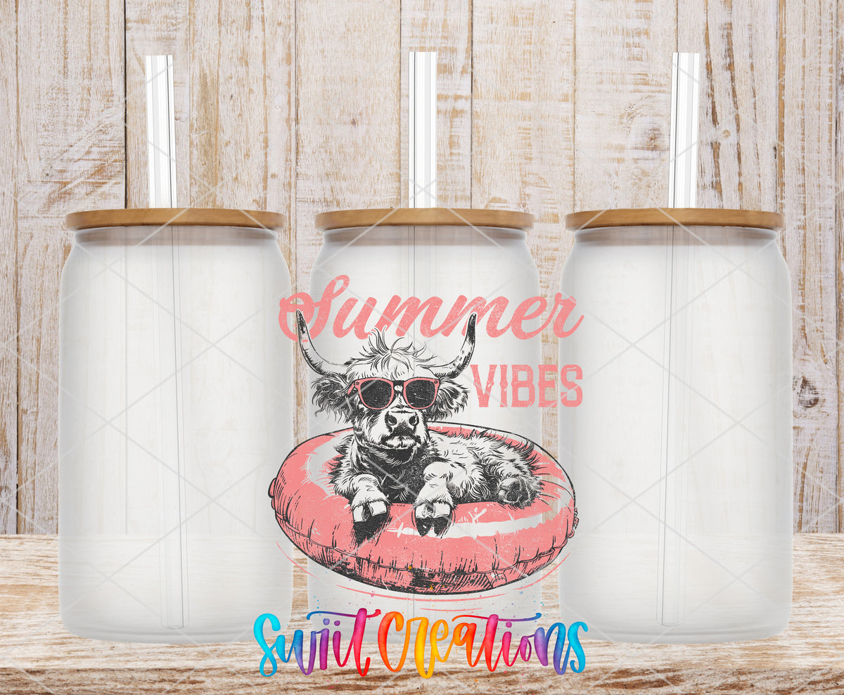 Summer Vibes Cow Retro frosted glass tumbler mockup with bamboo lids and straws