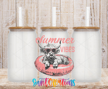 Summer Vibes Cow Retro frosted glass tumbler mockup with bamboo lids and straws