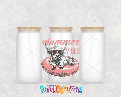 Summer Vibes Cow Retro frosted glass tumbler group view with lids and straws
