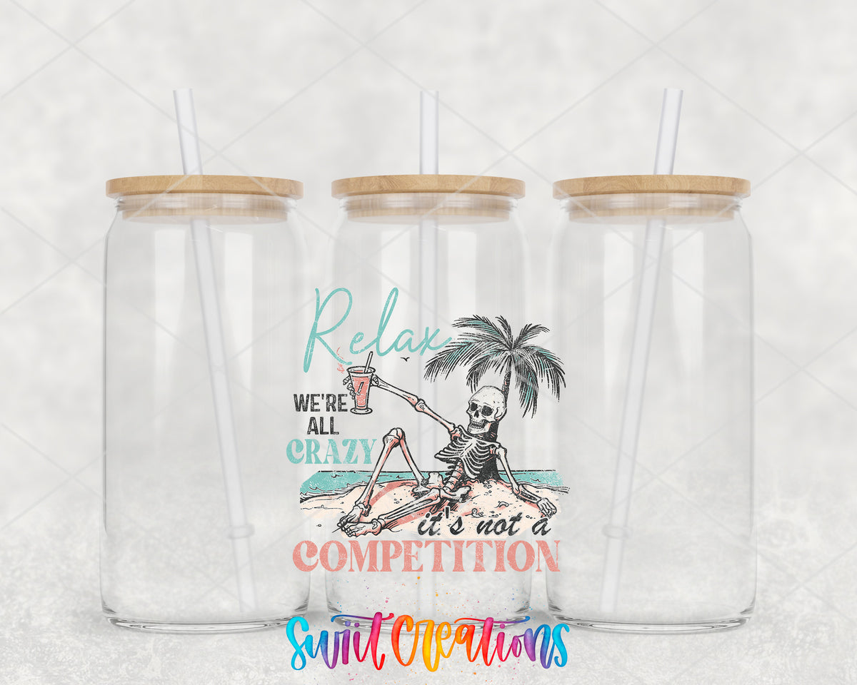 Relax We Are All Crazy clear glass tumbler group mockup with bamboo lids and straws
