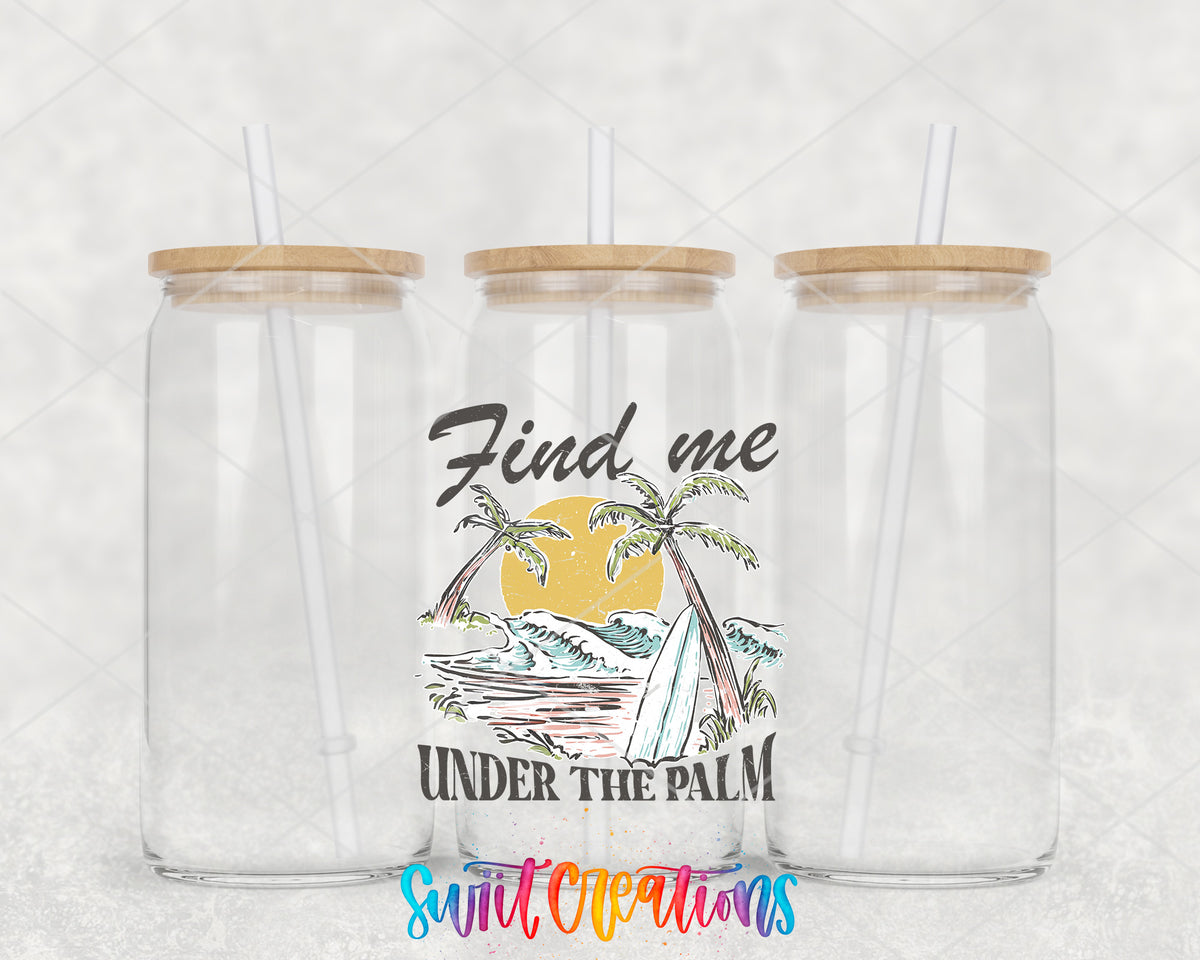 Find Me Under the Palm clear glass tumbler group mockup with bamboo lids and straws