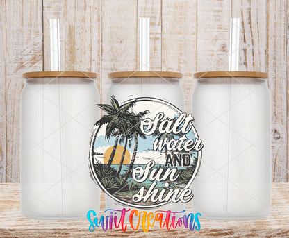 Salt Water and Sunshine Palms frosted glass tumbler mockup with bamboo lids and straws
