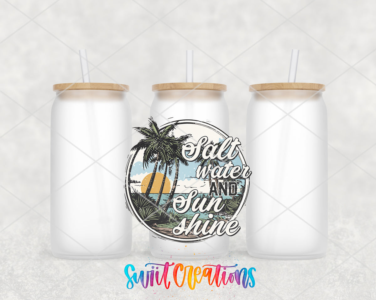 Salt Water and Sunshine Palms frosted glass tumbler group view with lids and straws