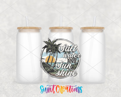Salt Water and Sunshine Palms frosted glass tumbler group view with lids and straws