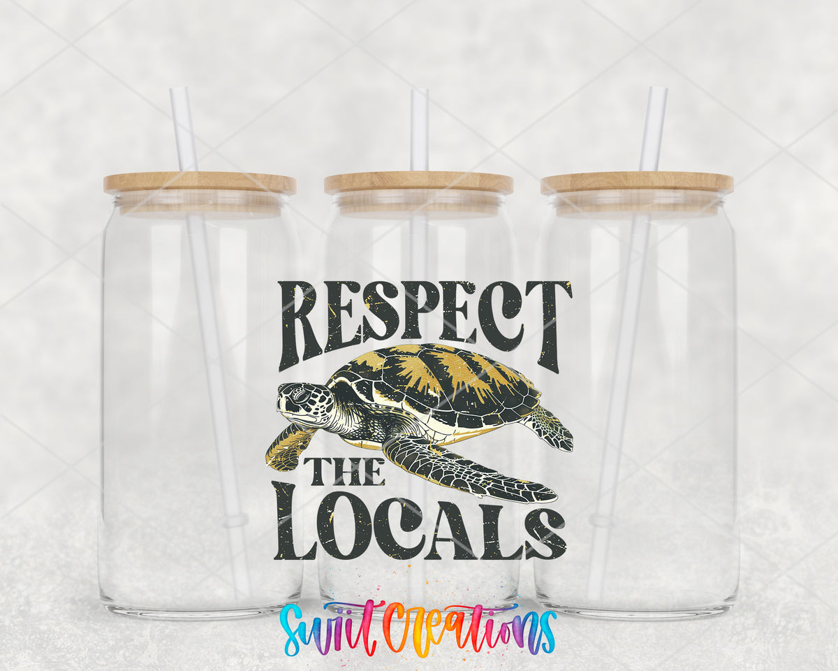 Respect the Locals Sea Turtle clear glass tumbler group mockup with bamboo lids and straws