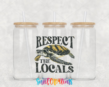 Respect the Locals Sea Turtle clear glass tumbler group mockup with bamboo lids and straws