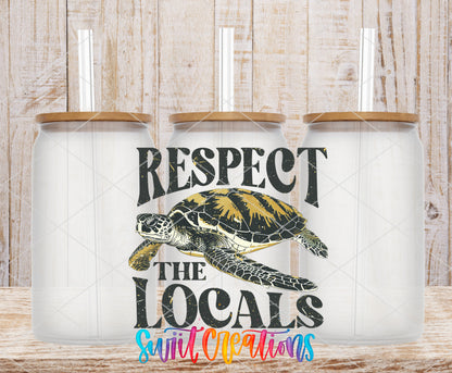 Respect the Locals Sea Turtle frosted glass tumbler mockup with bamboo lids and straws
