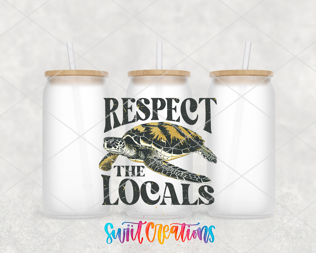 Respect the Locals Sea Turtle frosted glass tumbler group view with lids and straws