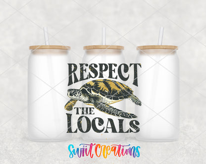 Respect the Locals Sea Turtle frosted glass tumbler group view with lids and straws