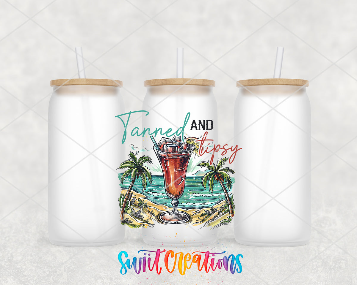Tanned and Tipsy Tropical frosted glass tumbler group view with lids and straws