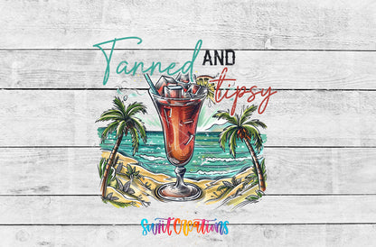 Tanned and Tipsy Tropical artwork detail for the finished 16 oz tumbler